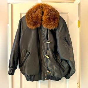 Vintage Carole Little Saint Tropez West shimmer green, fur-trimmed jacket.